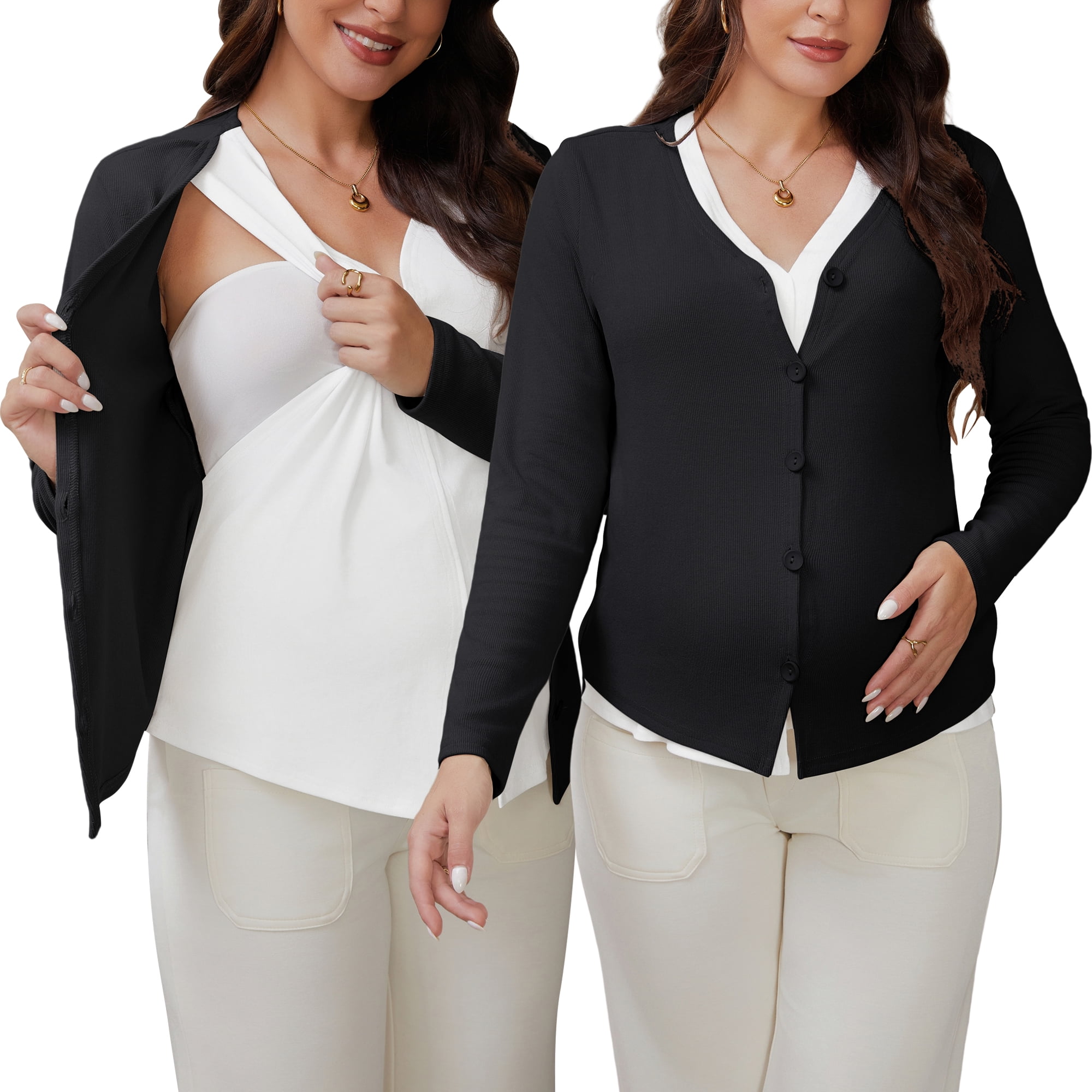 DARING DIVA Women's Nursing Maternity Faux Knit Postpartum Shirt 2-Piece S Black