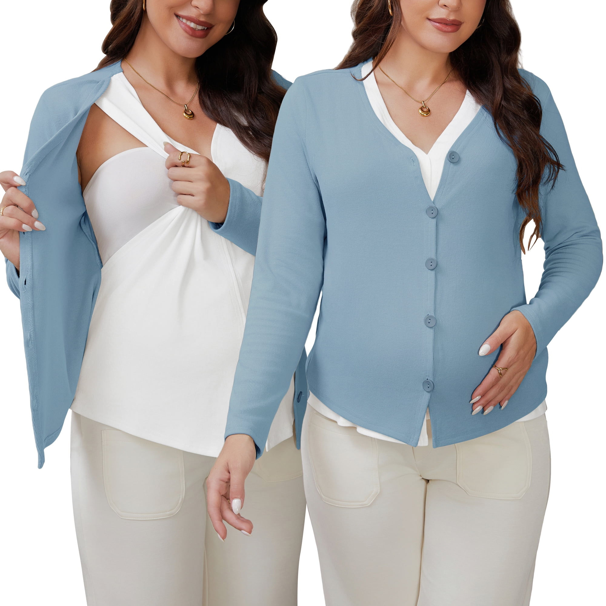 DARING DIVA Women's Nursing Maternity Faux Knit Postpartum Shirt 2-Piece XL Blue