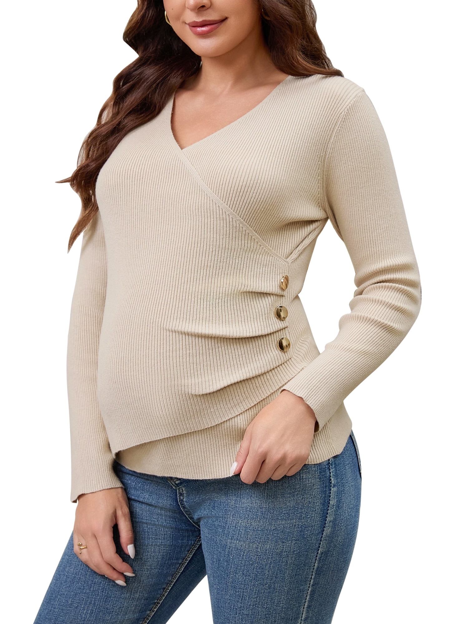 DARING DIVA Women's Nursing Maternity Long Sleeve Soft Stretchy Wrap Tops M Apricot