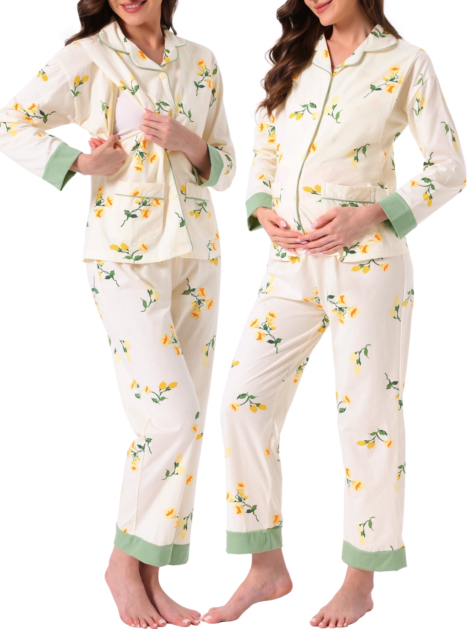 DARING DIVA Women's Nursing  Postpartum Button Down Long Sleeve Pajama Sets 2XL Green