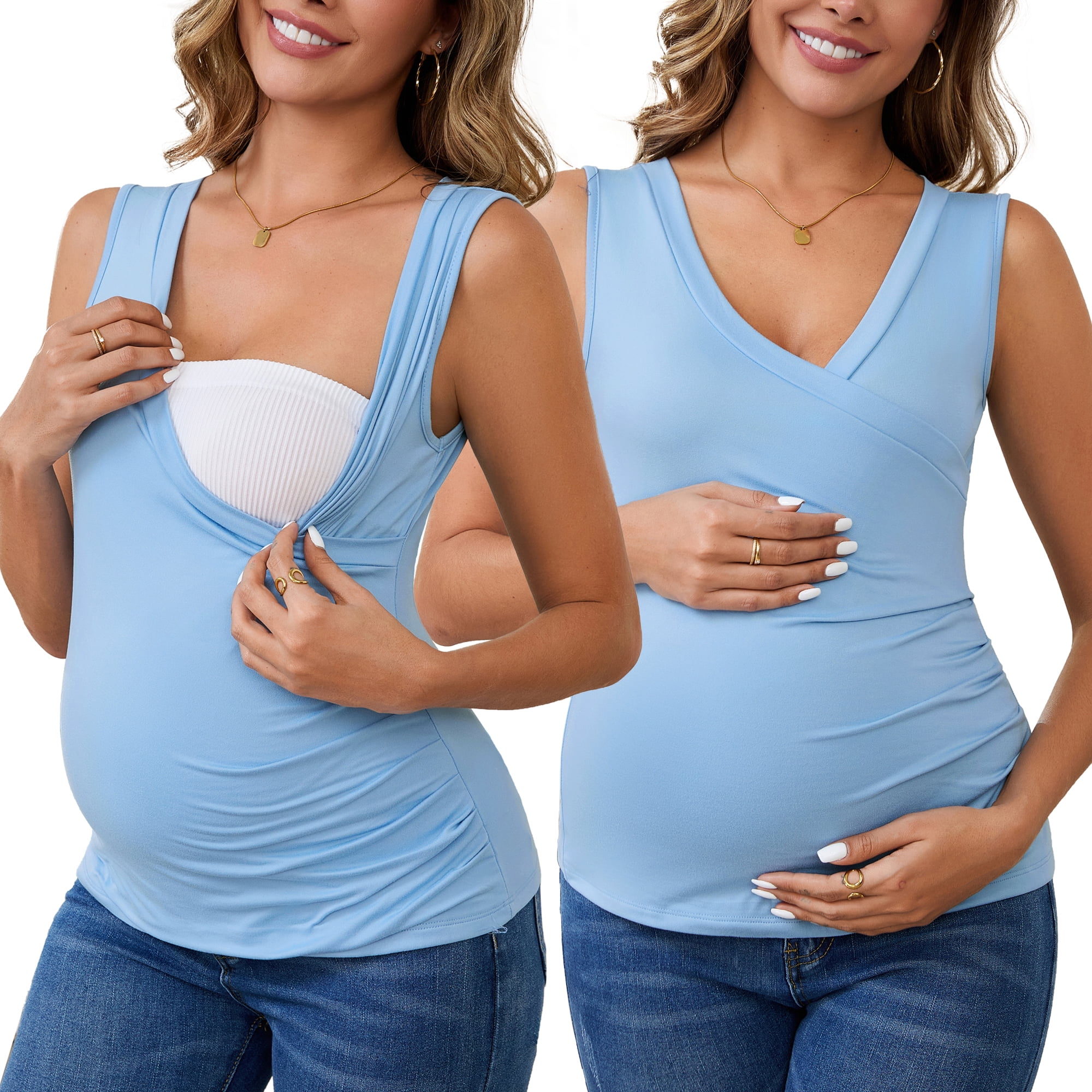 DARING DIVA Women's Nursing Tank Wrap V-Neck Ruched Breastfeeding Tops L 2 Pack Blue