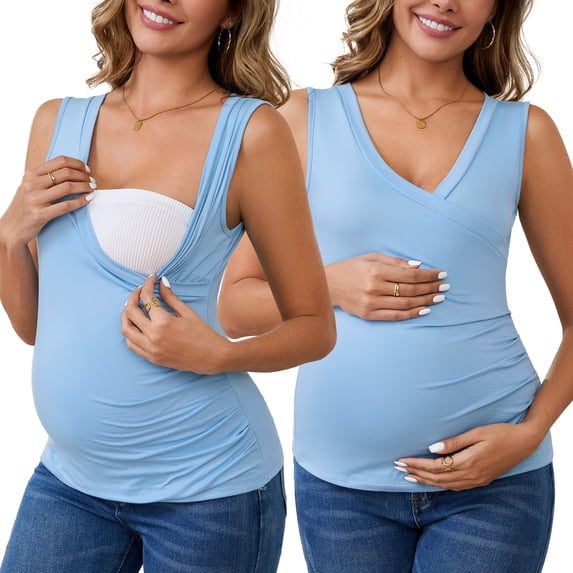 DARING DIVA Women's Nursing Tank Wrap V-Neck Ruched Breastfeeding Tops L 2 Pack Blue
