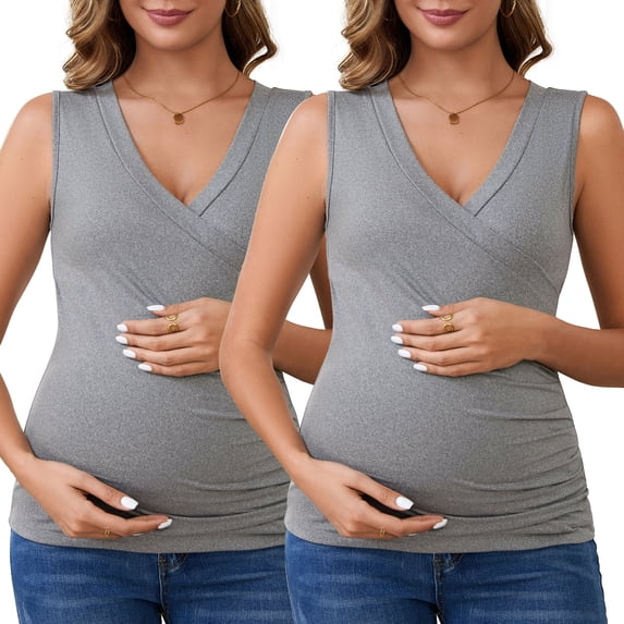DARING DIVA Women's Nursing Tank Wrap V-Neck Ruched Breastfeeding Tops L 2 Pack Gray