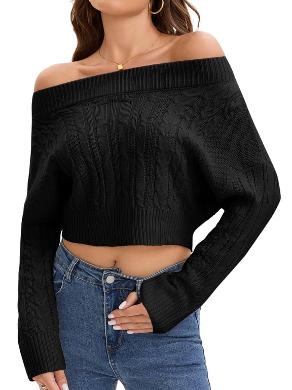 Women's Off Shoulder Cable Knit Cropped Batwing Long Sleeve Sweater M Black