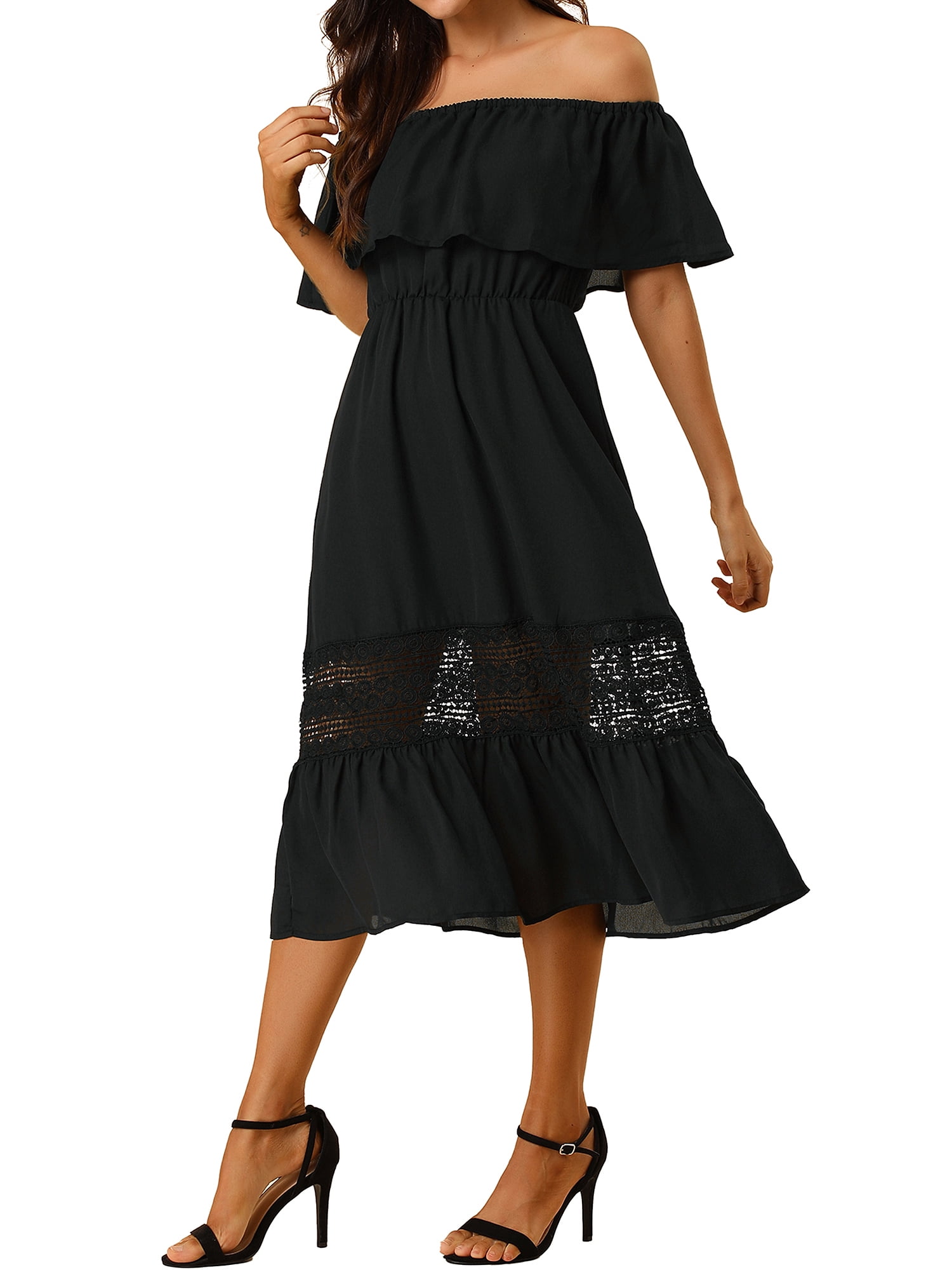 DARING DIVA Women's Off Shoulder Flutter Sleeve Maxi Dress L Black