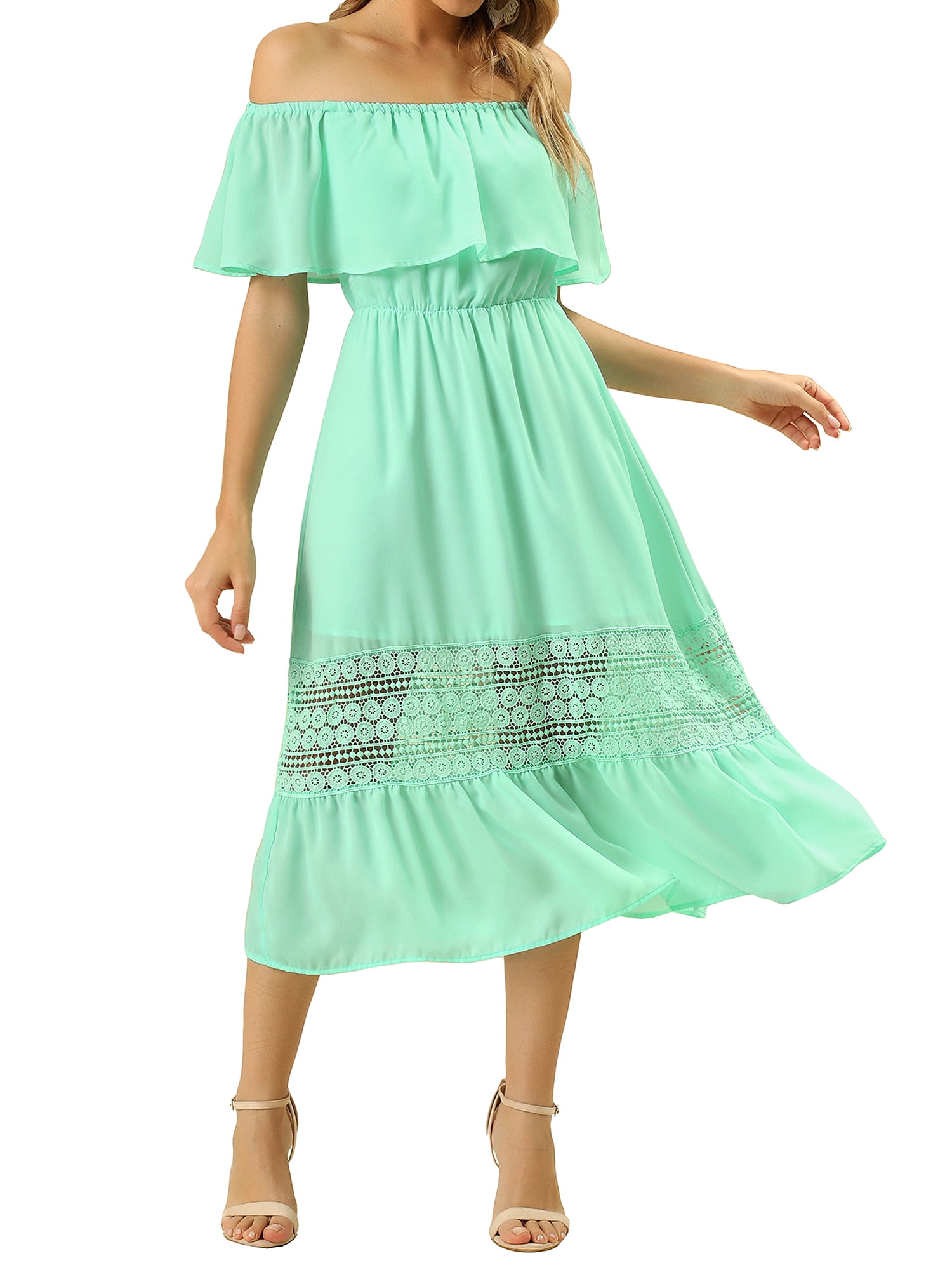 DARING DIVA Women's Off Shoulder Flutter Sleeve Maxi Dress L Mint Green