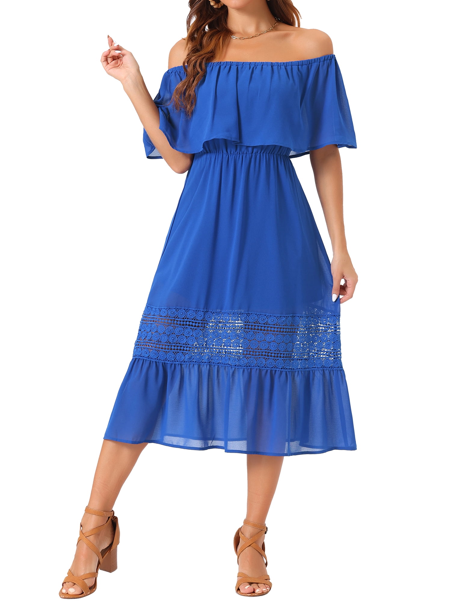 DARING DIVA Women's Off Shoulder Flutter Sleeve Maxi Dress M Royal Blue