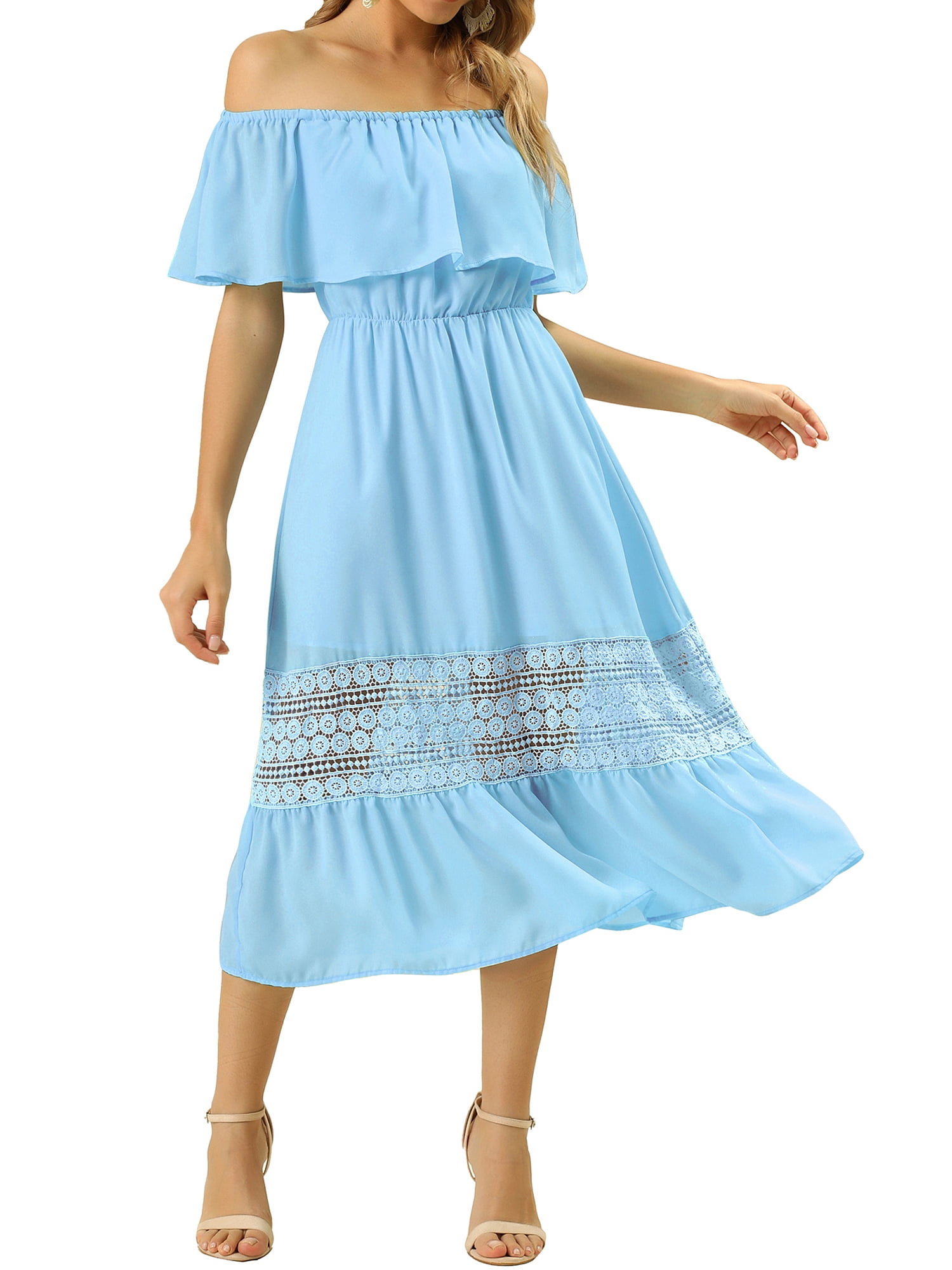 DARING DIVA Women's Off Shoulder Flutter Sleeve Maxi Dress XL Light Blue
