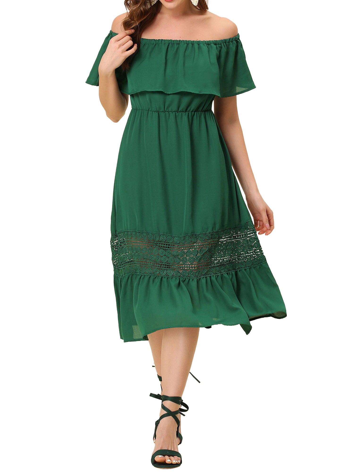 DARING DIVA Women's Off Shoulder Flutter Sleeve Maxi Dress XS Dark Green