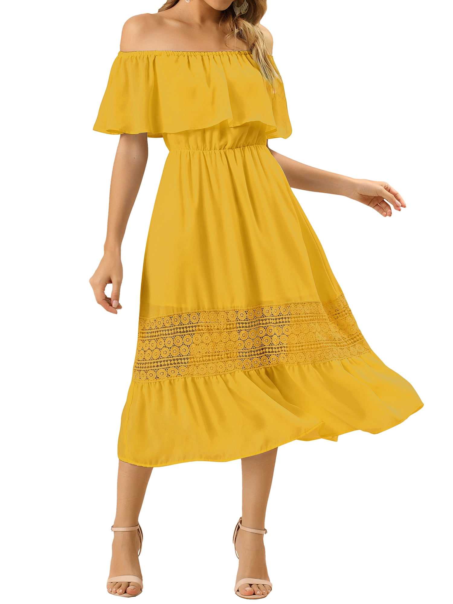 DARING DIVA Women's Off Shoulder Flutter Sleeve Maxi Dress XS Saffron Yellow