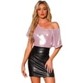 thumbnail image 1 of DARING DIVA Women's Off Shoulder Short Sleeve Sparkly Metallic Blouses S Pink, 1 of 6