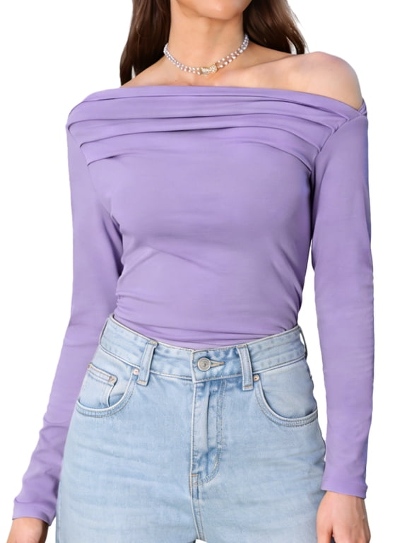 Women's Off the Shoulder Long Sleeve Ruched Shirts Fit Tee Blouses XS Purple