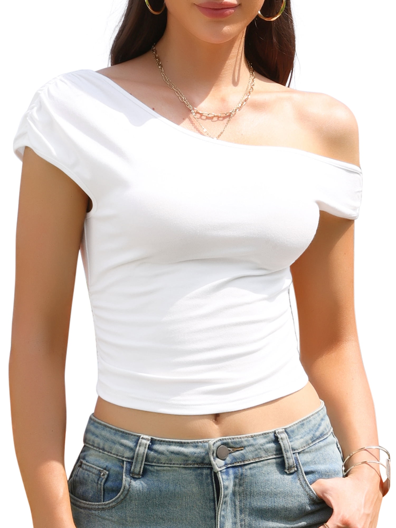 DARING DIVA Women's Off the Shoulder Summer T-Shirt Ruched Fitted t Shirts M White
