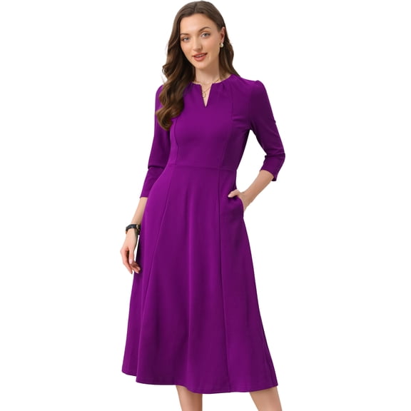DARING DIVA Women's Office Elegant 3/4 Sleeve V Neck A-Line Dresses L Purple