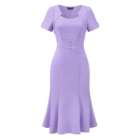 DARING DIVA Women's Office Fishtail Short Sleeve Sheath Dresses S Light Purple