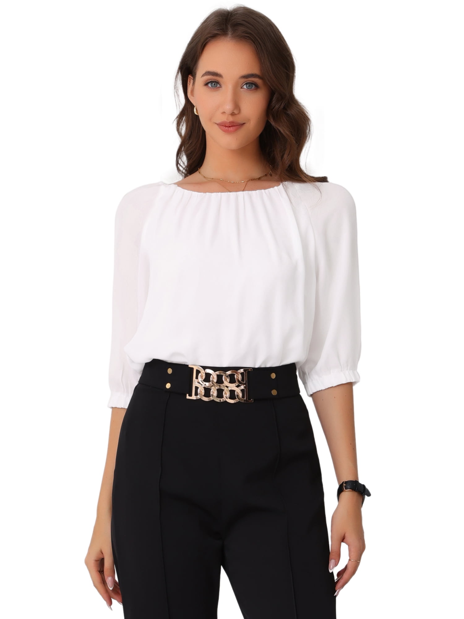 DARING DIVA Women's Office Half Sleeve Crew Neck Dressy Casual Tops S White