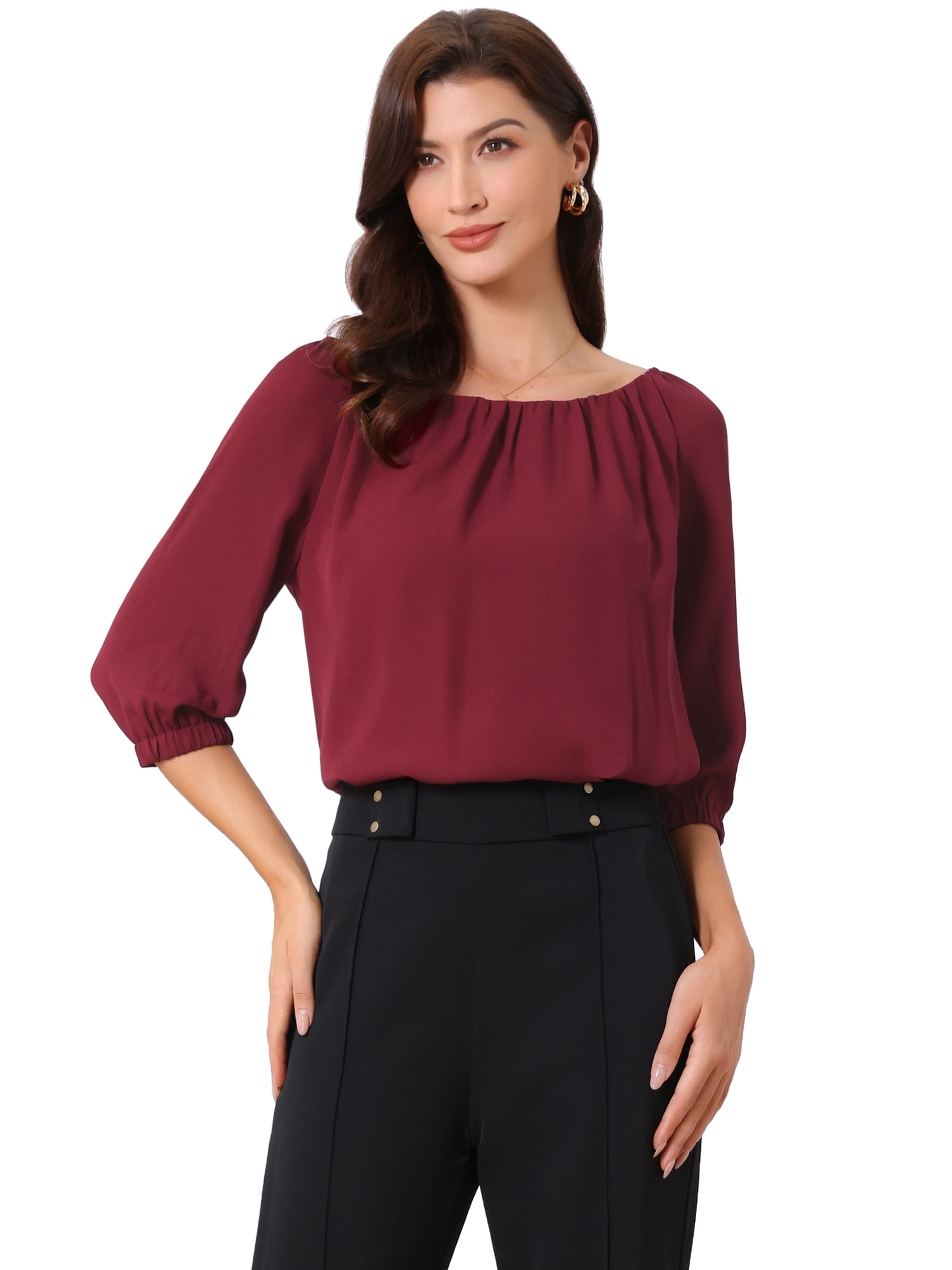 DARING DIVA Women's Office Half Sleeve Crew Neck Dressy Casual Tops S Wine Red