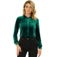 thumbnail image 1 of DARING DIVA Women's Office Pocket Front Long Sleeve Button Down Velvet Shirt L Dark Green, 1 of 5