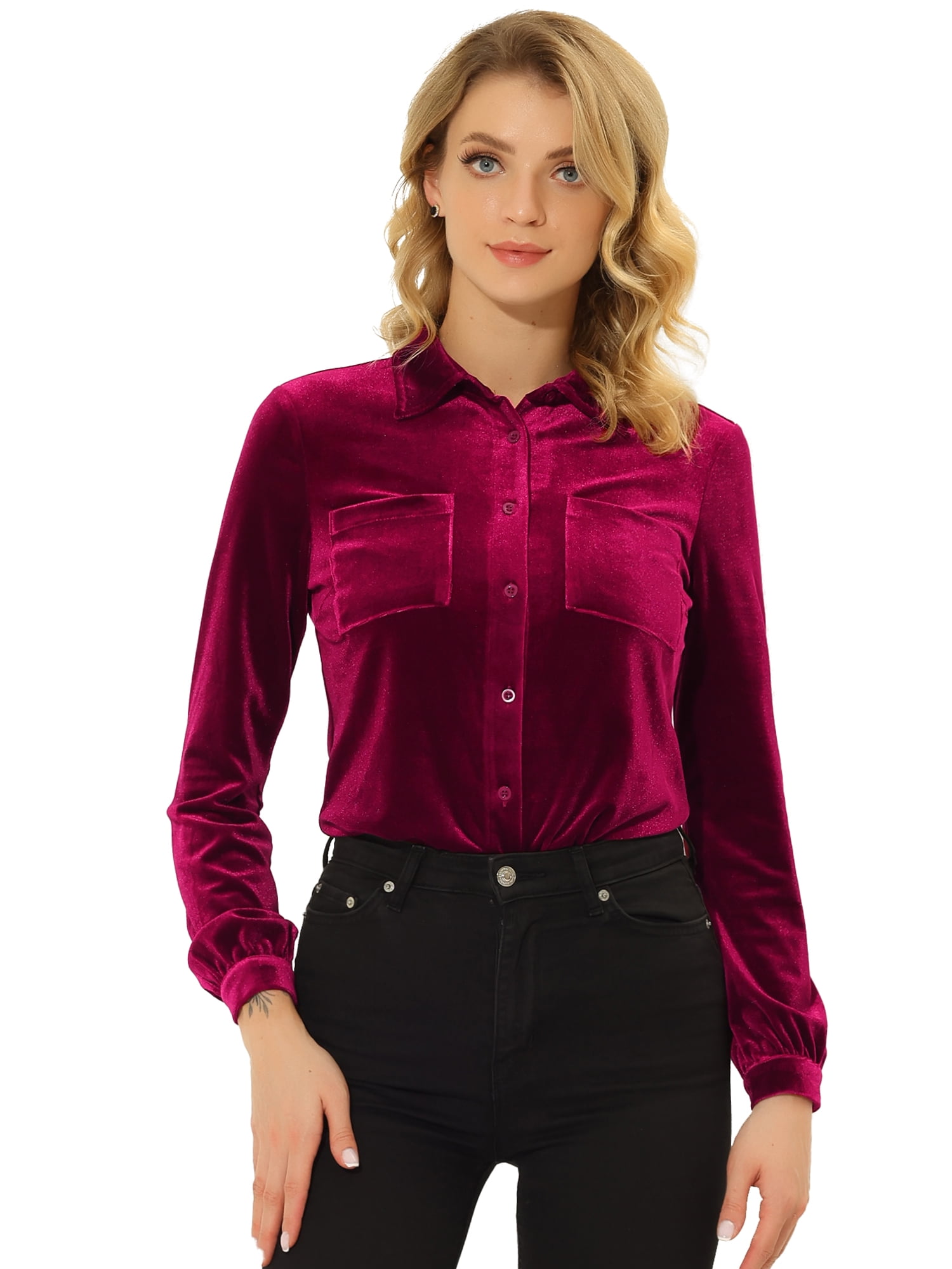 DARING DIVA Women's Office Pocket Front Long Sleeve Button Down Velvet Shirt L Wine Red