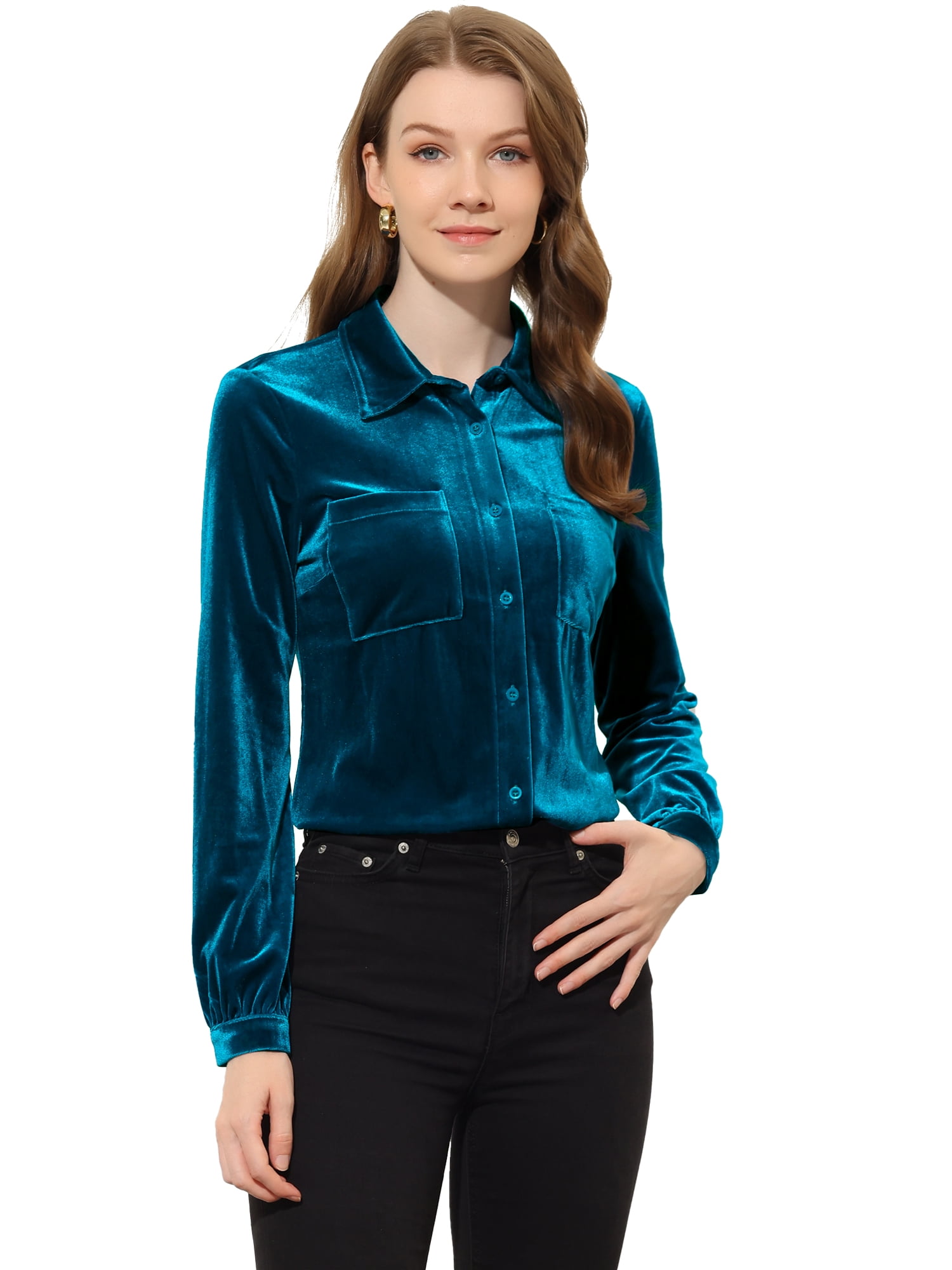 DARING DIVA Women's Office Pocket Front Long Sleeve Button Down Velvet Shirt S Royal Blue