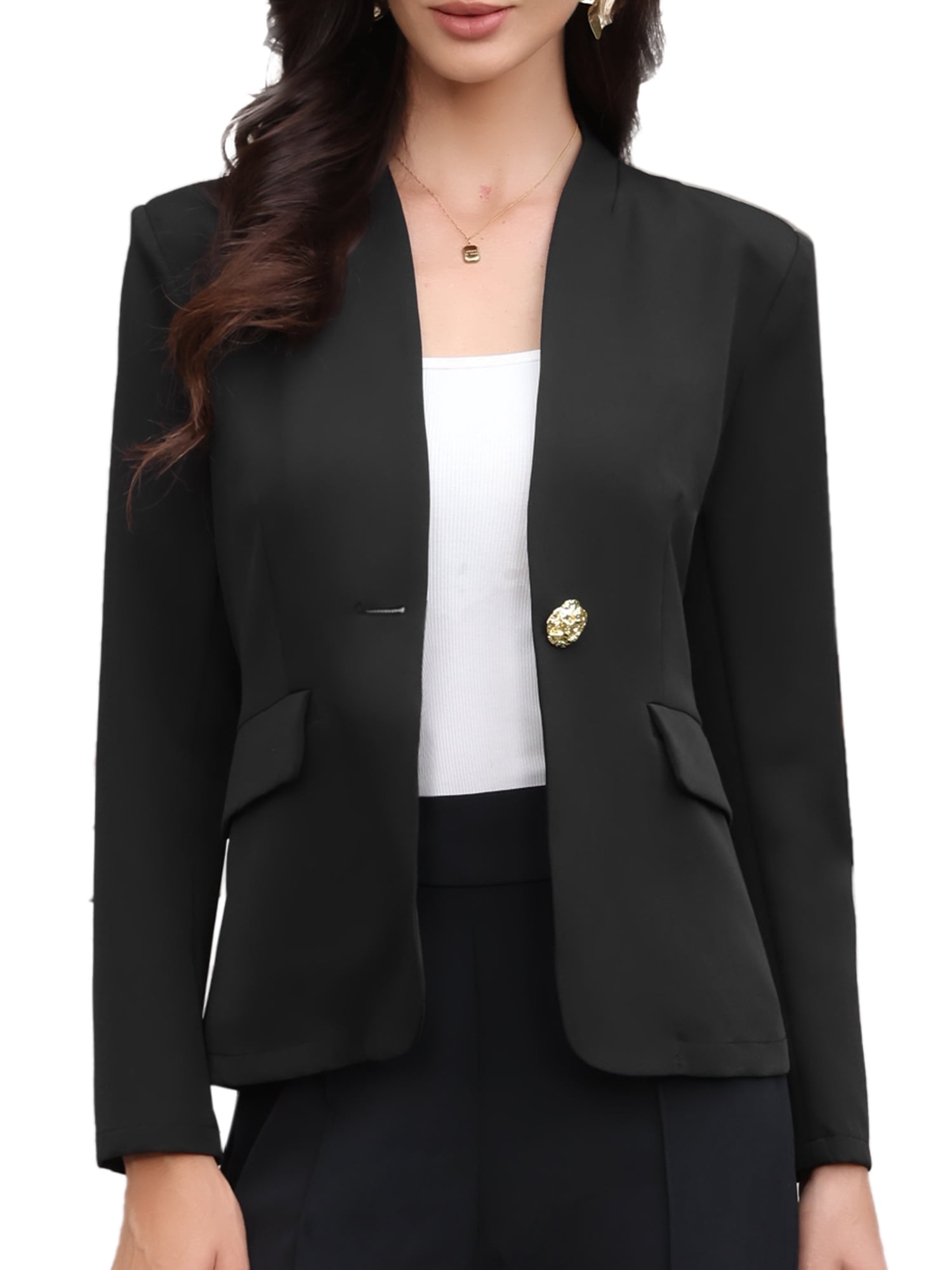 DARING DIVA Women's Office Single Breast Long Sleeve Collarless Blazer M Black