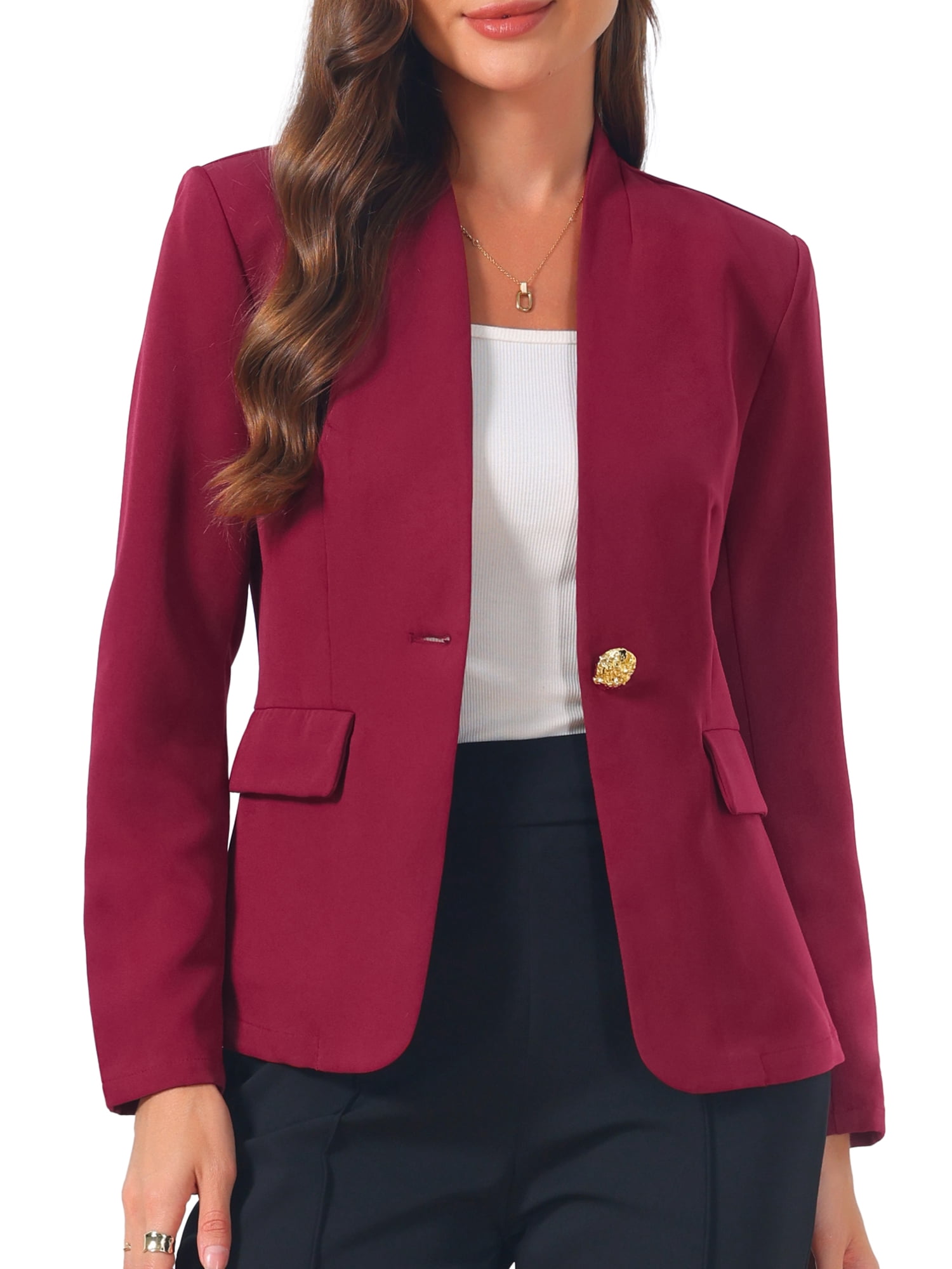 DARING DIVA Women's Office Single Breast Long Sleeve Collarless Blazer M Wine Red