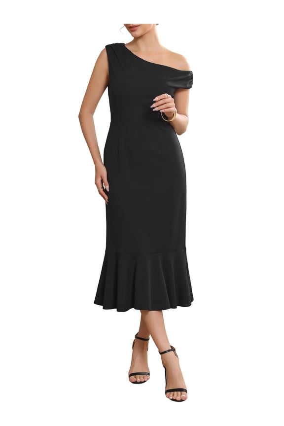 Women's One Shoulder Dress Fishtail Long Dresses 2XL Black