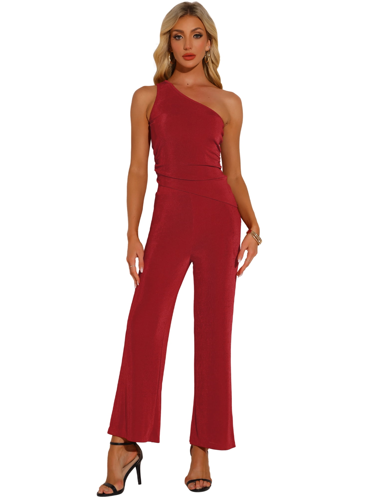 DARING DIVA Women's One Shoulder Sleeveless Crop Top Wide Leg Pants 2 Pcs L Red