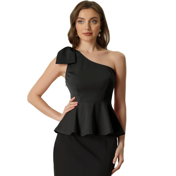 DARING DIVA Women's One Shoulder Top Bow Ruffled Peplum Top M Black