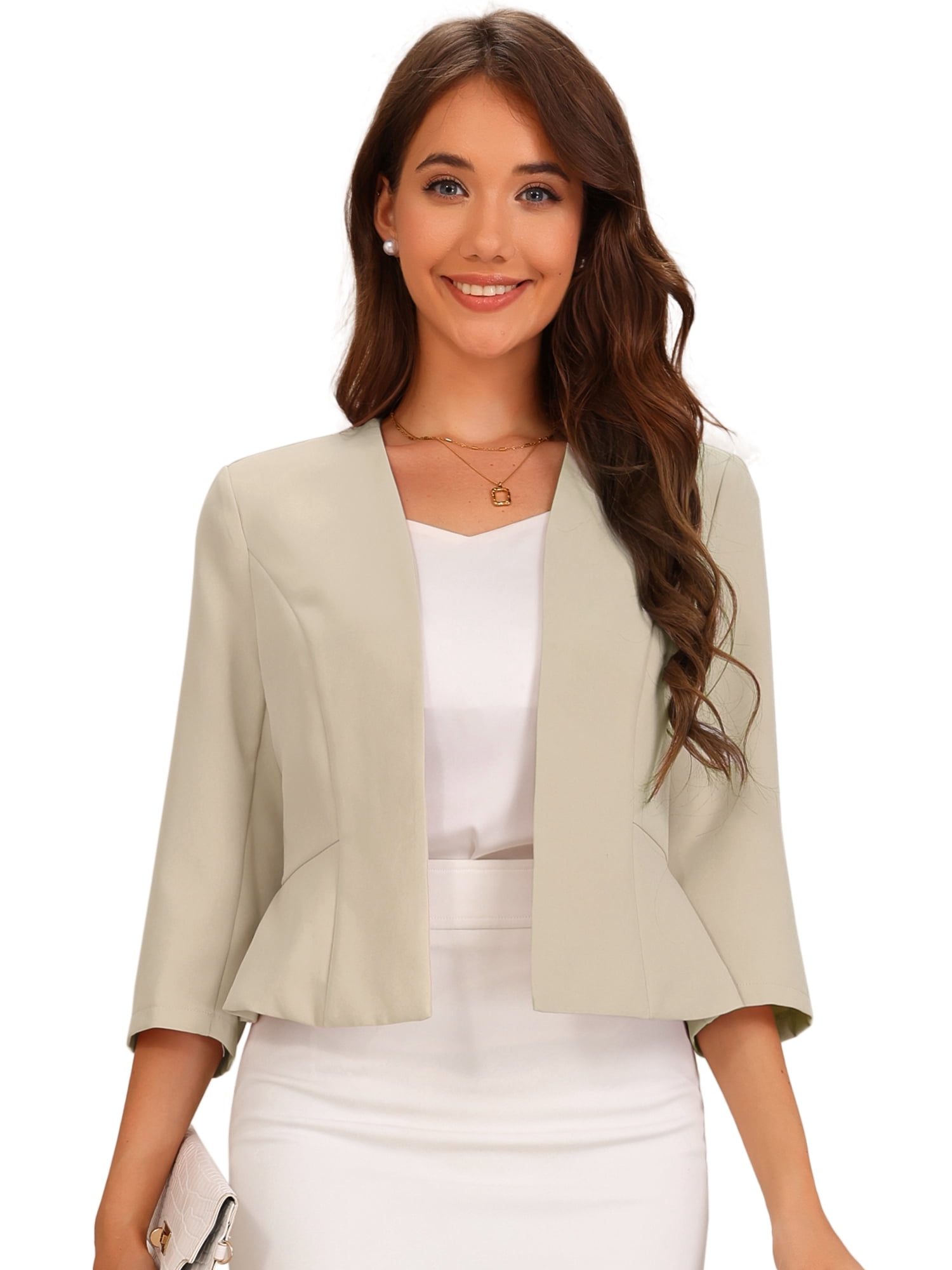 DARING DIVA Women's Open Front 3/4 Sleeve Peplum Business Blazer L Apricot