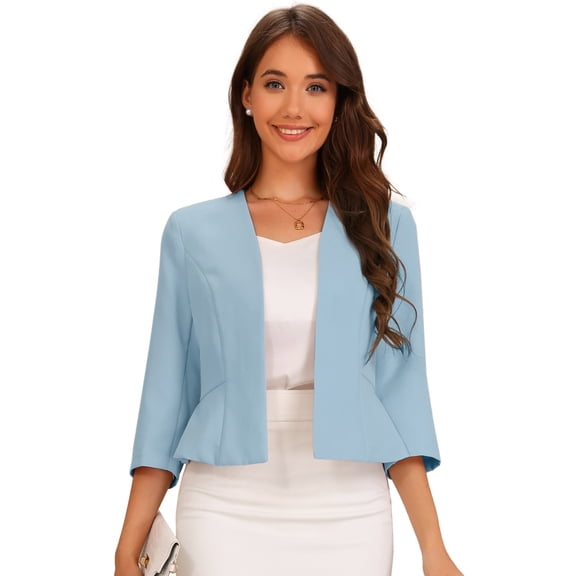 DARING DIVA Women's Open Front 3/4 Sleeve Peplum Business Blazer M Blue