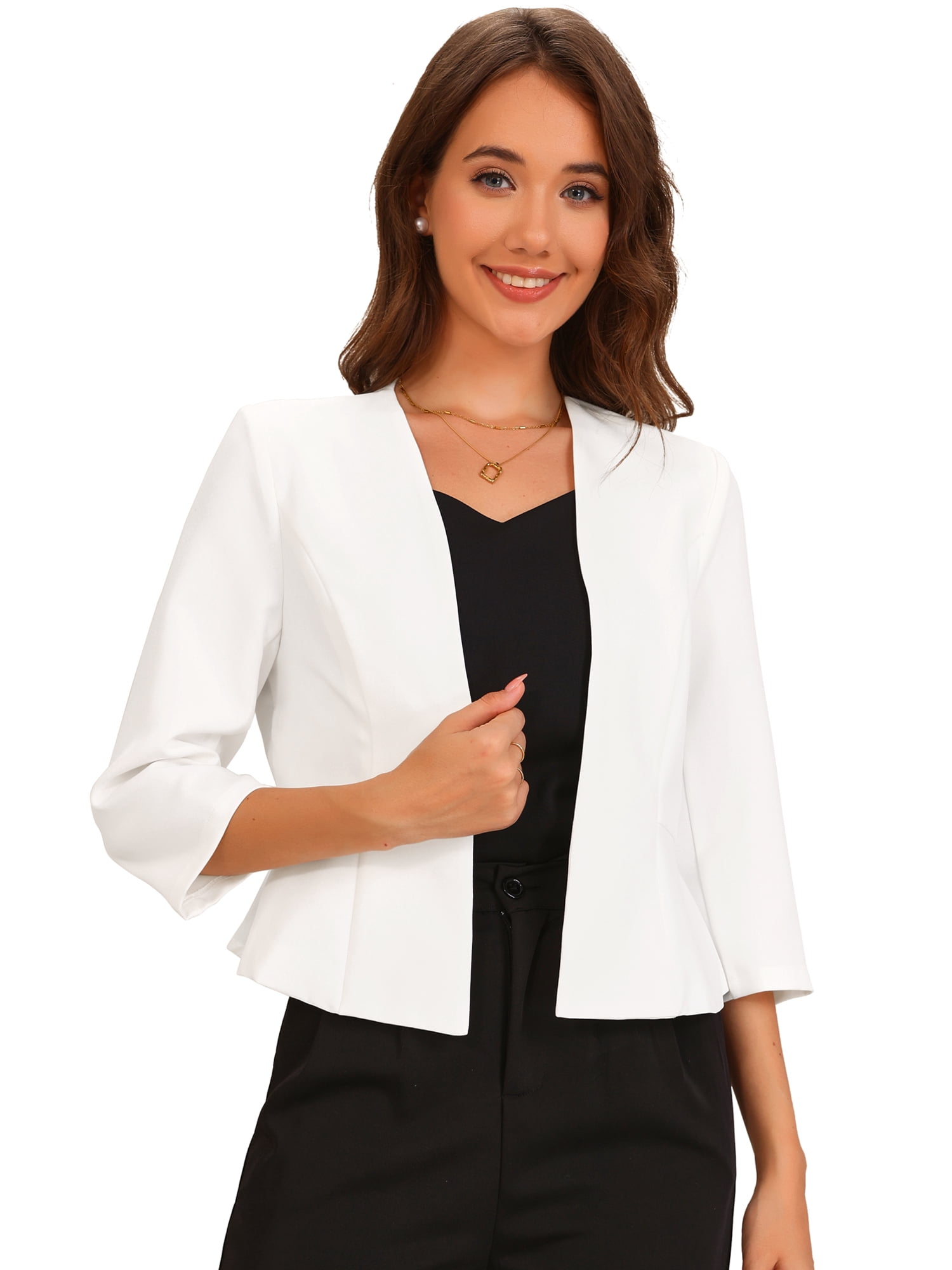 DARING DIVA Women's Open Front 3/4 Sleeve Peplum Business Blazer M White