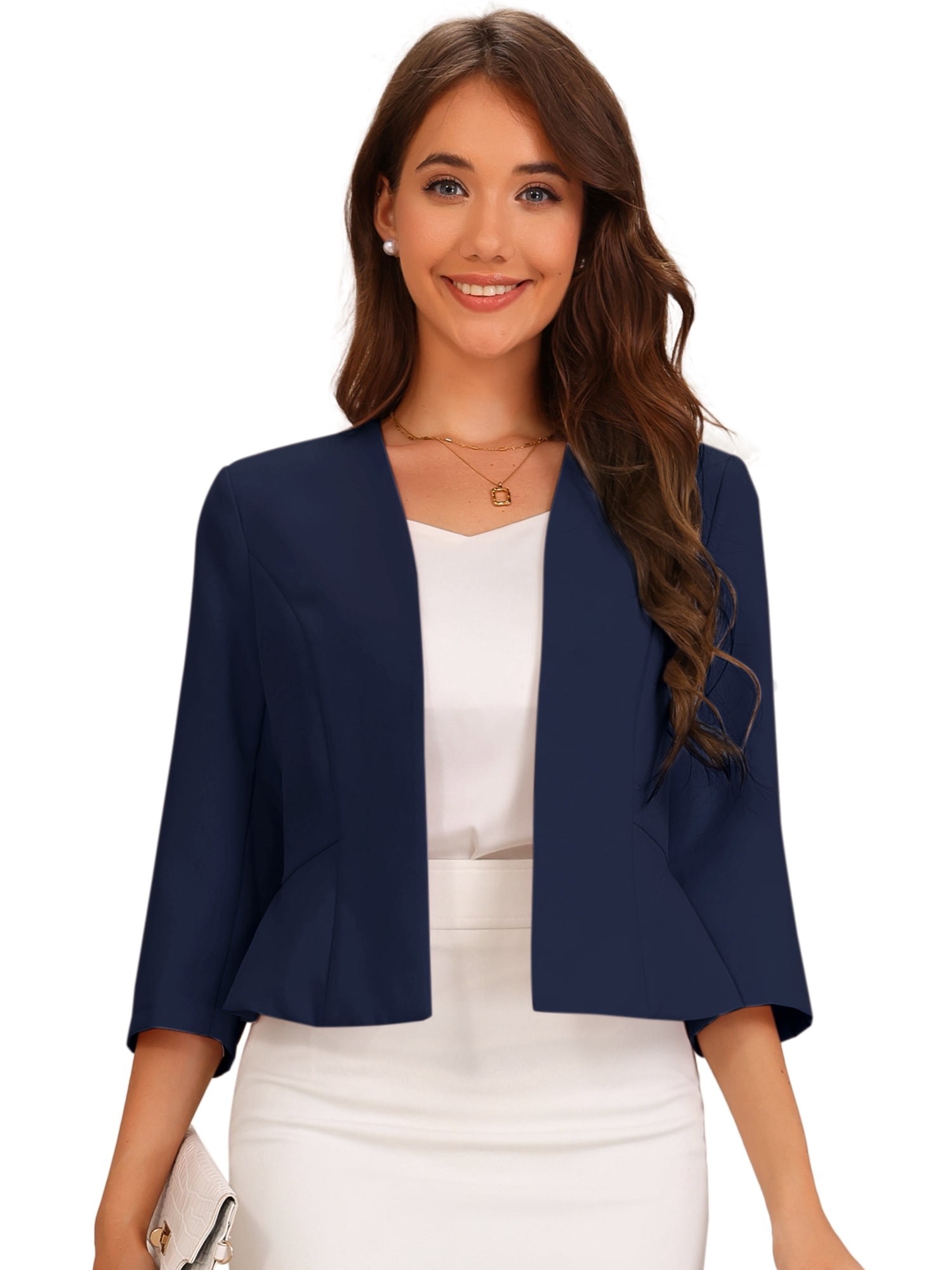 DARING DIVA Women's Open Front 3/4 Sleeve Peplum Business Blazer S Dark Blue