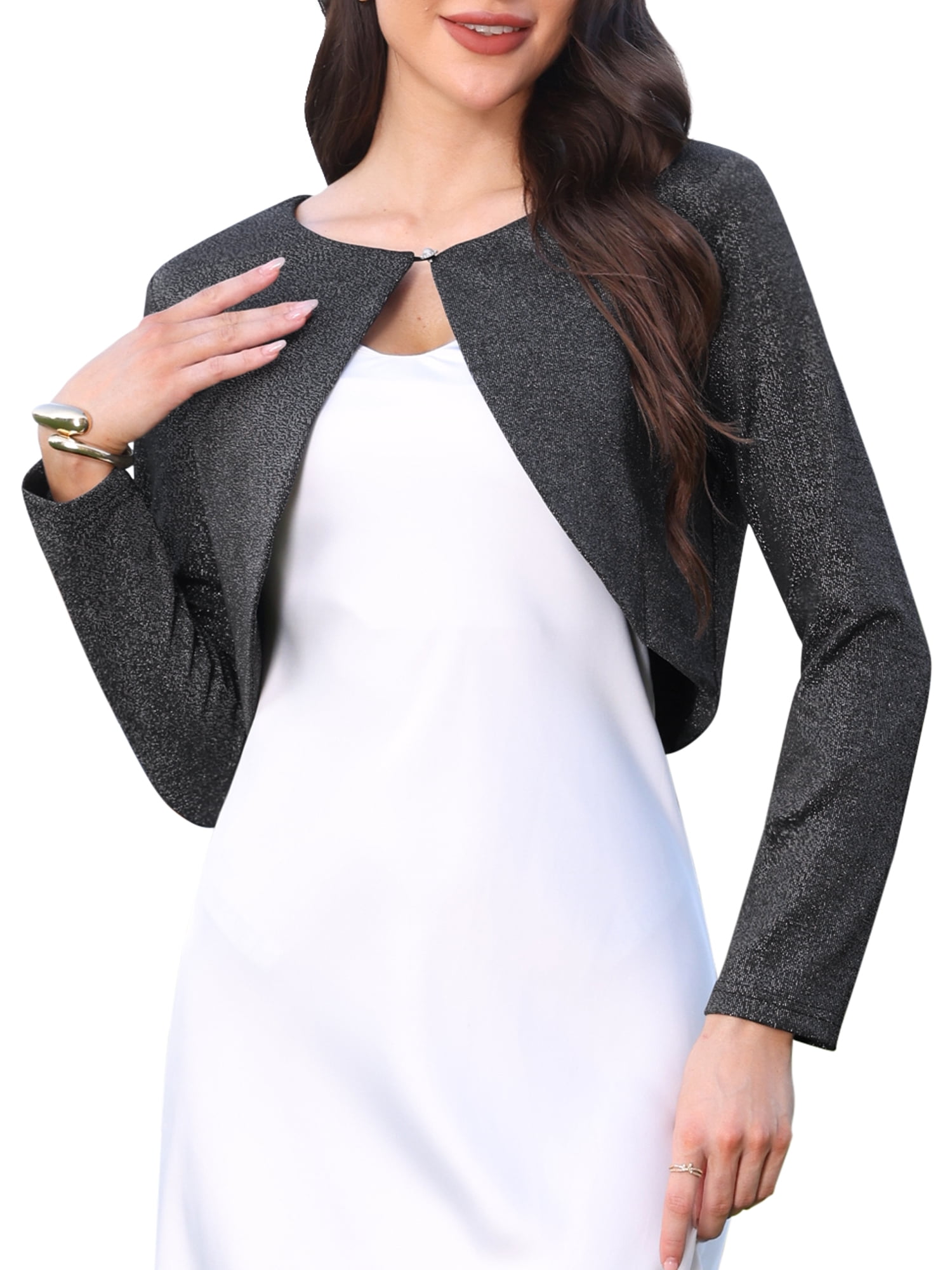 DARING DIVA Women's Open Front Bolero Shrug Long Sleeve Cropped Cardigan M Black