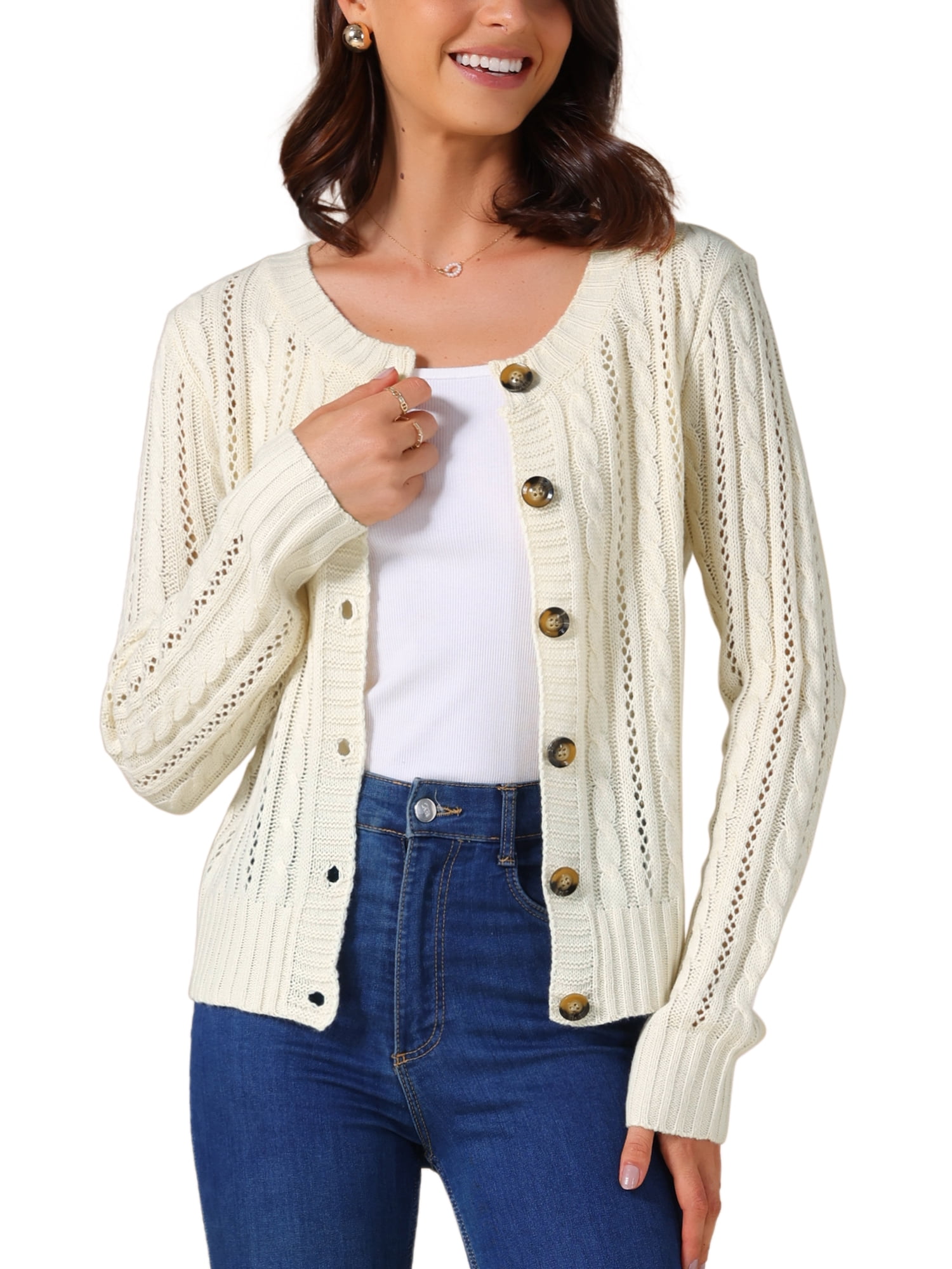 DARING DIVA Women's Open Front Button Down Cable Knit Cardigan Sweater L Apricot