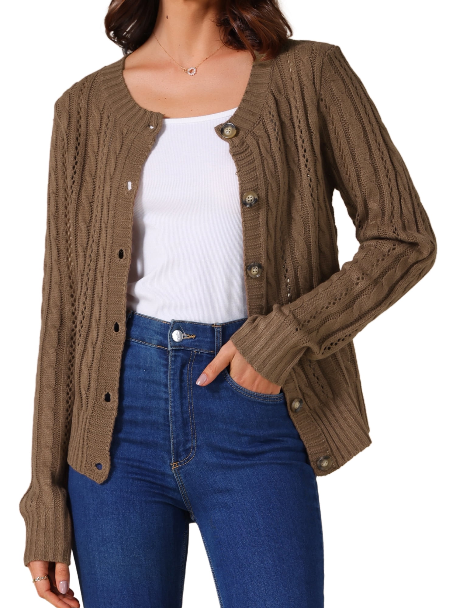 DARING DIVA Women's Open Front Button Down Cable Knit Cardigan Sweater L Brown
