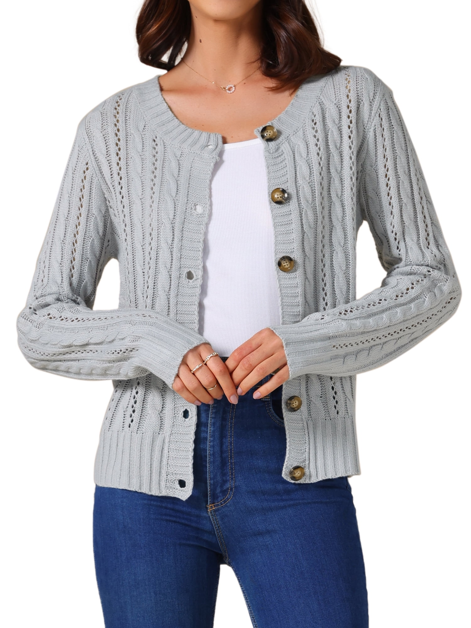 DARING DIVA Women's Open Front Button Down Cable Knit Cardigan Sweater M Grey