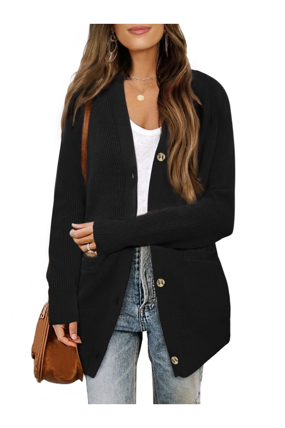 Women's Open Front Button Down Knit Casual Cardigan Sweater S Black