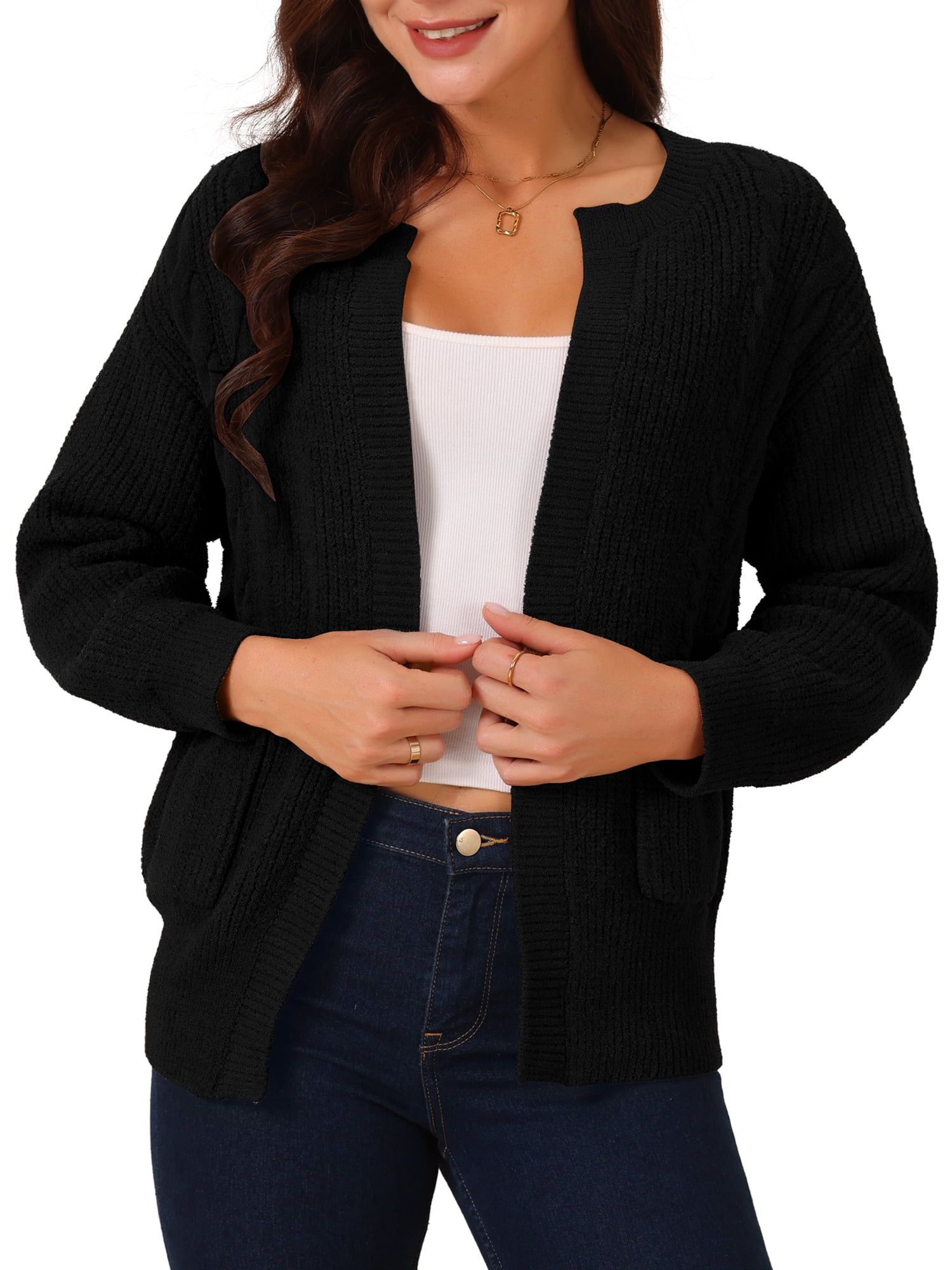 DARING DIVA Women's Open Front Knitted Casual Cardigan with Pockets L Black
