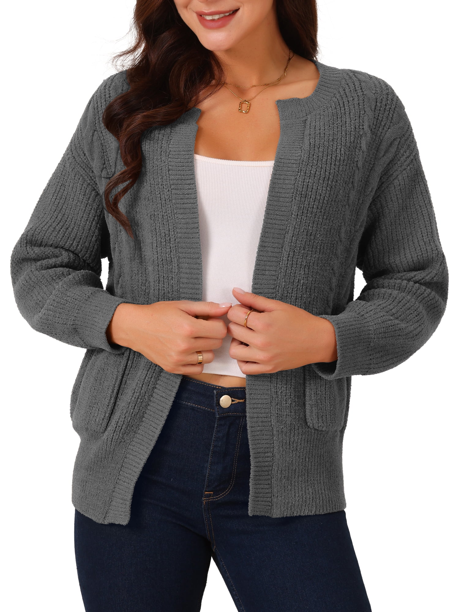 DARING DIVA Women's Open Front Knitted Casual Cardigan with Pockets L Dark Grey