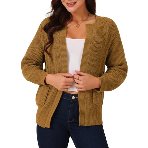 DARING DIVA Women's Open Front Knitted Casual Cardigan with Pockets M Brown