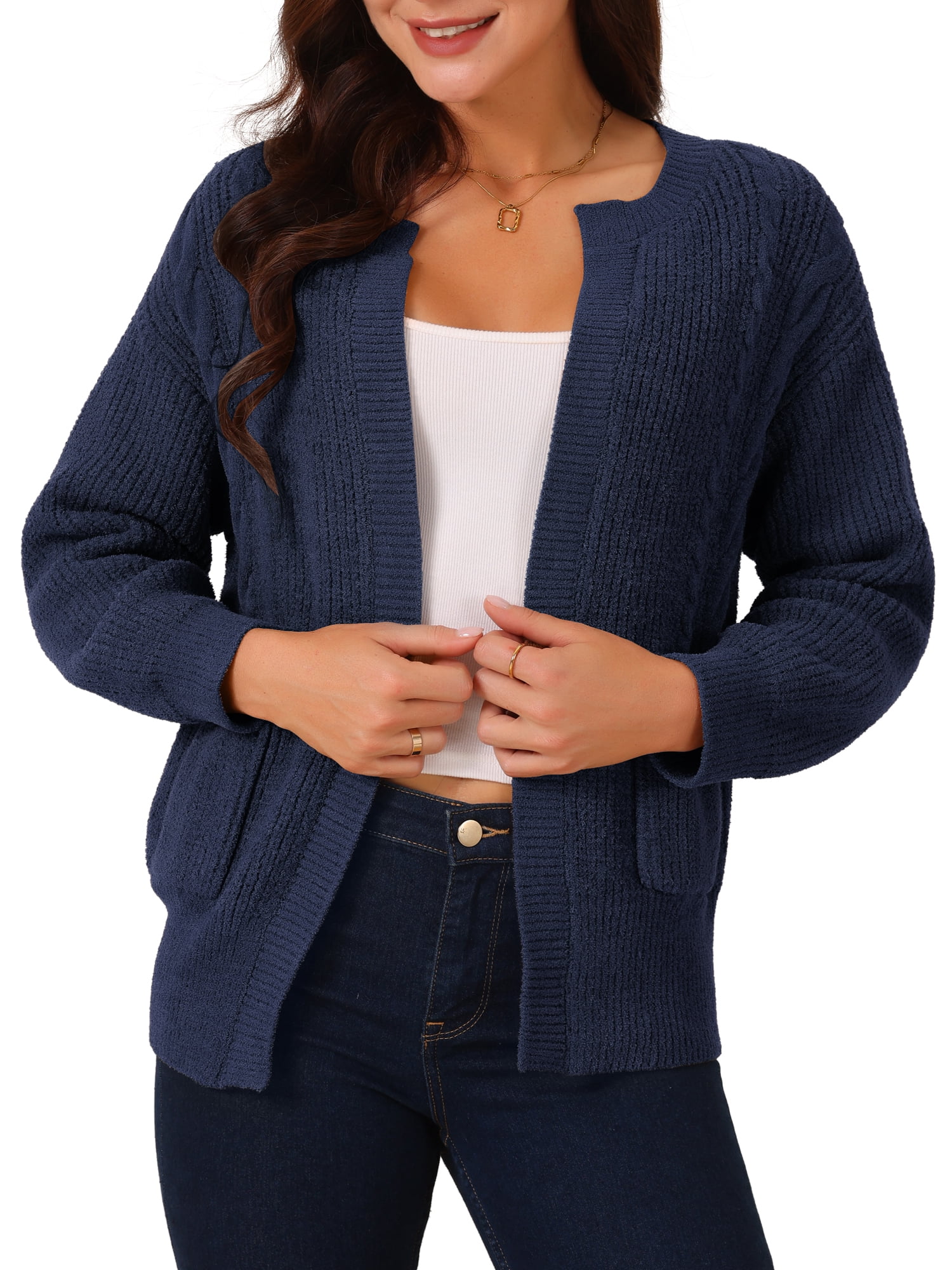 DARING DIVA Women's Open Front Knitted Casual Cardigan with Pockets M Navy Blue