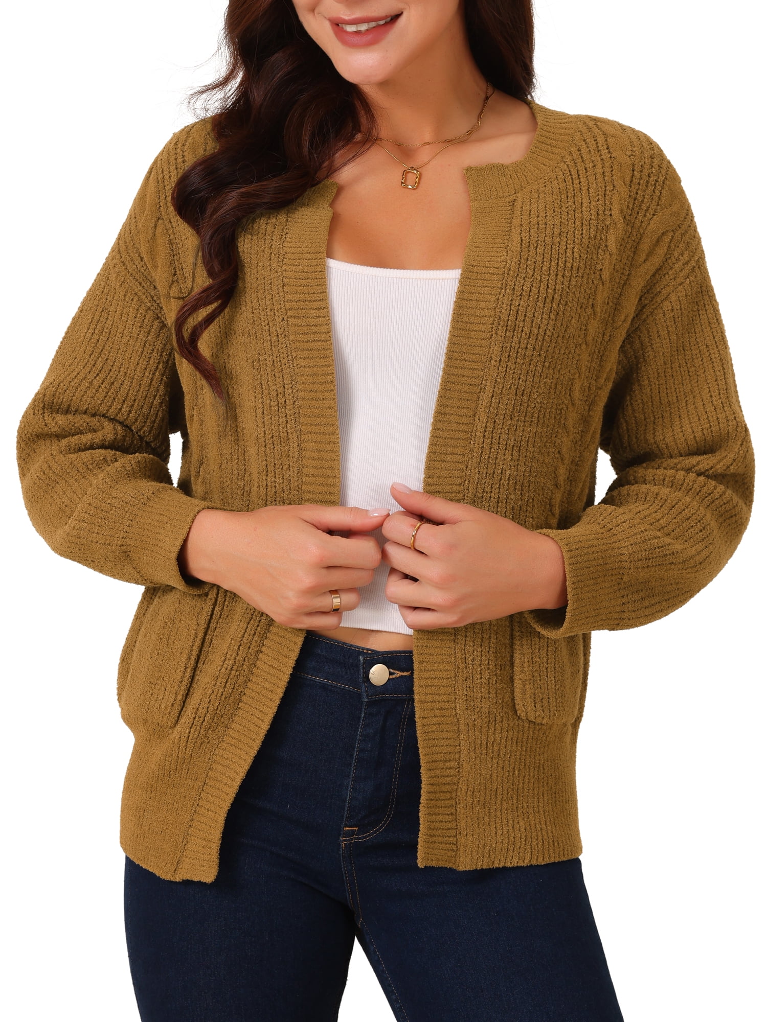 DARING DIVA Women's Open Front Knitted Casual Cardigan with Pockets S Brown