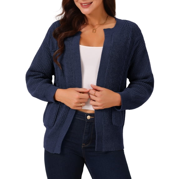 DARING DIVA Women's Open Front Knitted Casual Cardigan with Pockets S Navy Blue