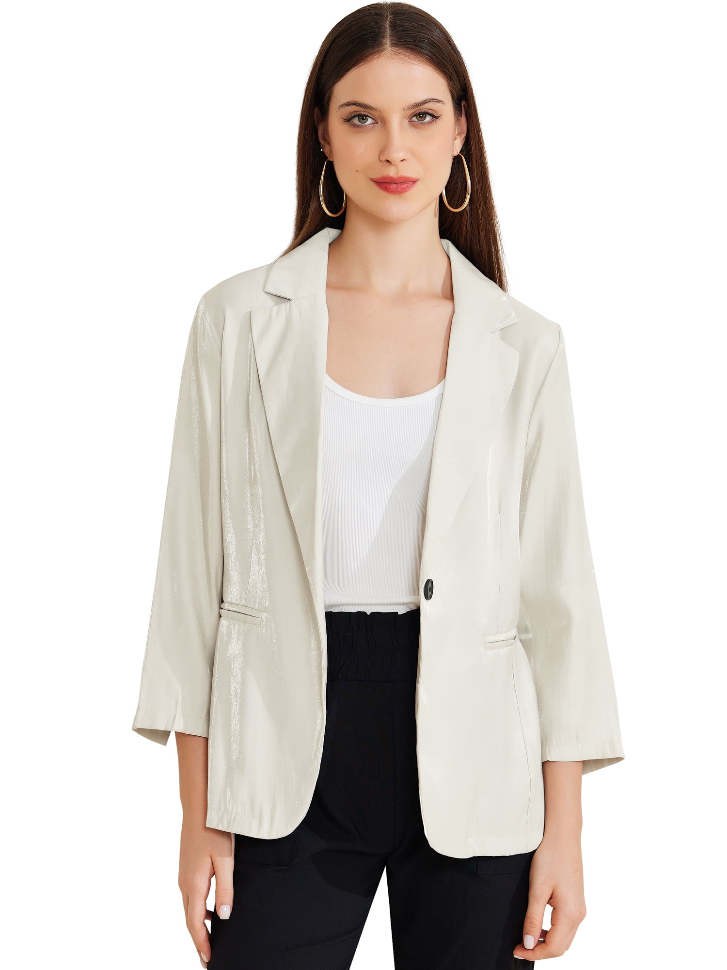 DARING DIVA Women's Open Front Lapel Button Lightweight Blazer Jacket S White