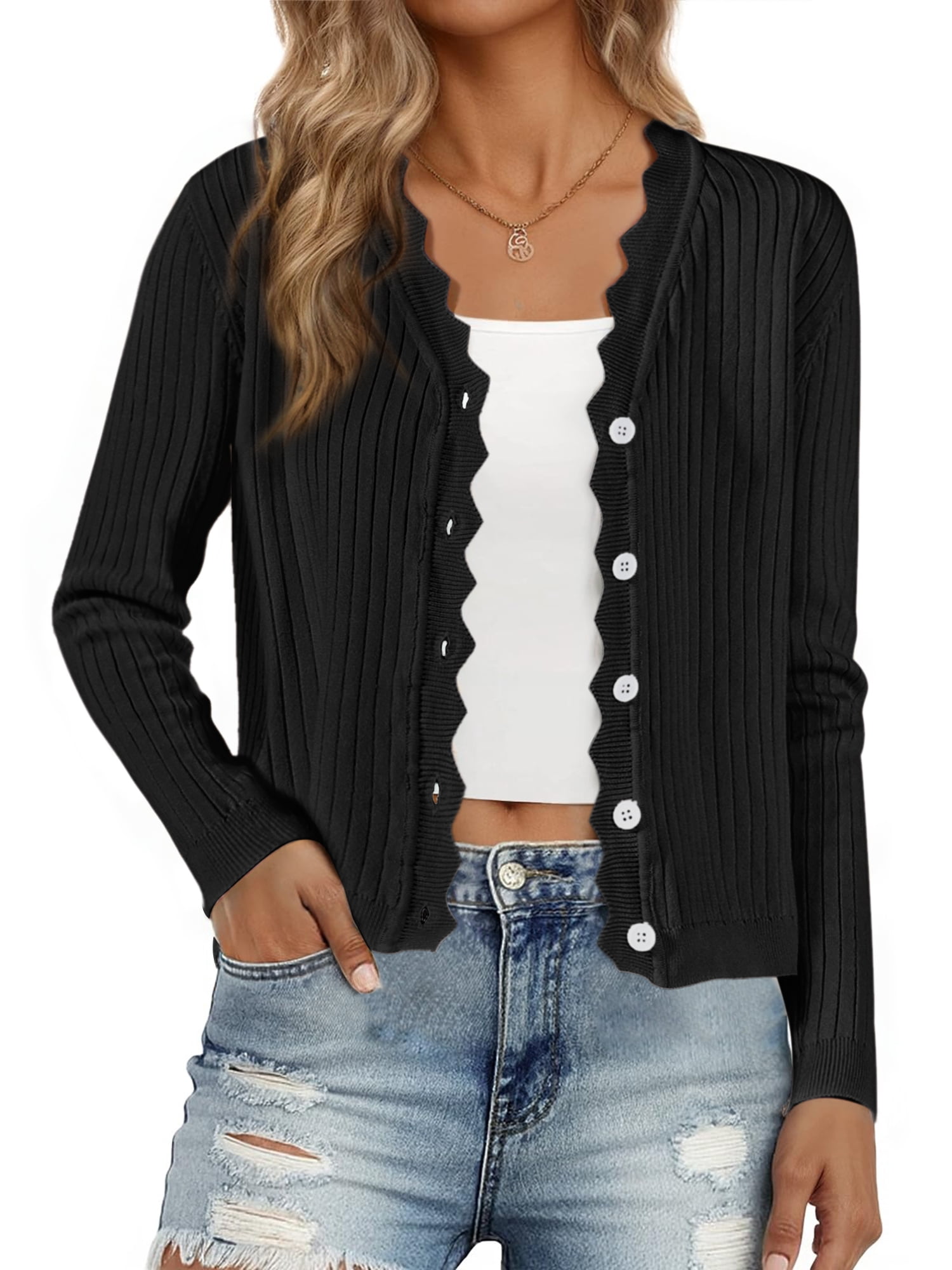 DARING DIVA Women's Open Front Long Sleeve Button Down Knit Cardigan L Black