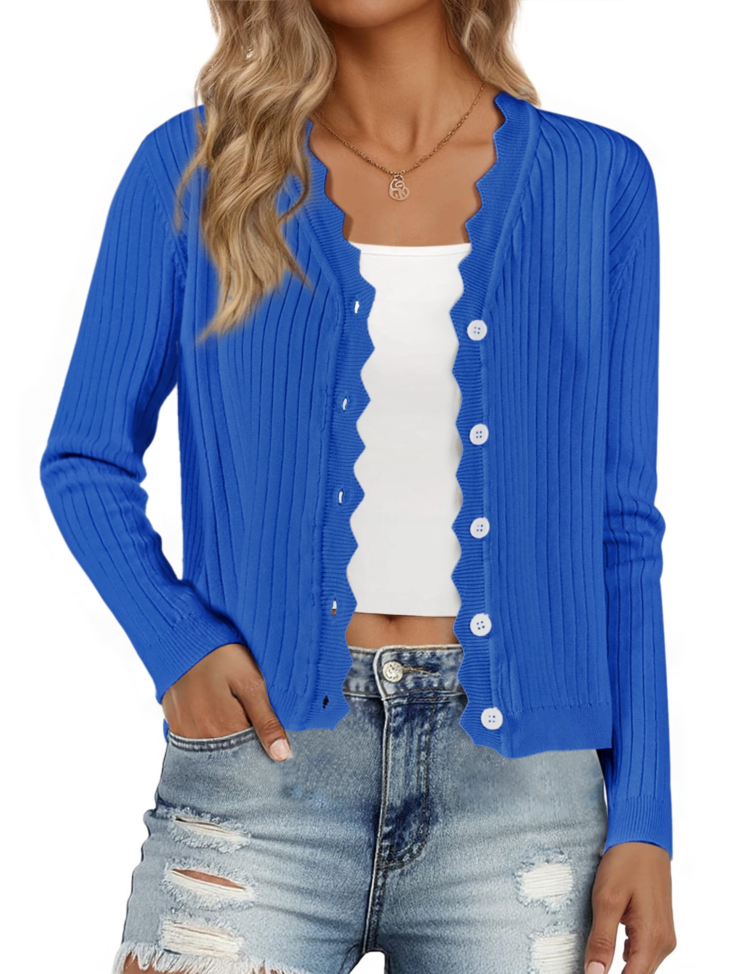 DARING DIVA Women's Open Front Long Sleeve Button Down Knit Cardigan M Royal Blue