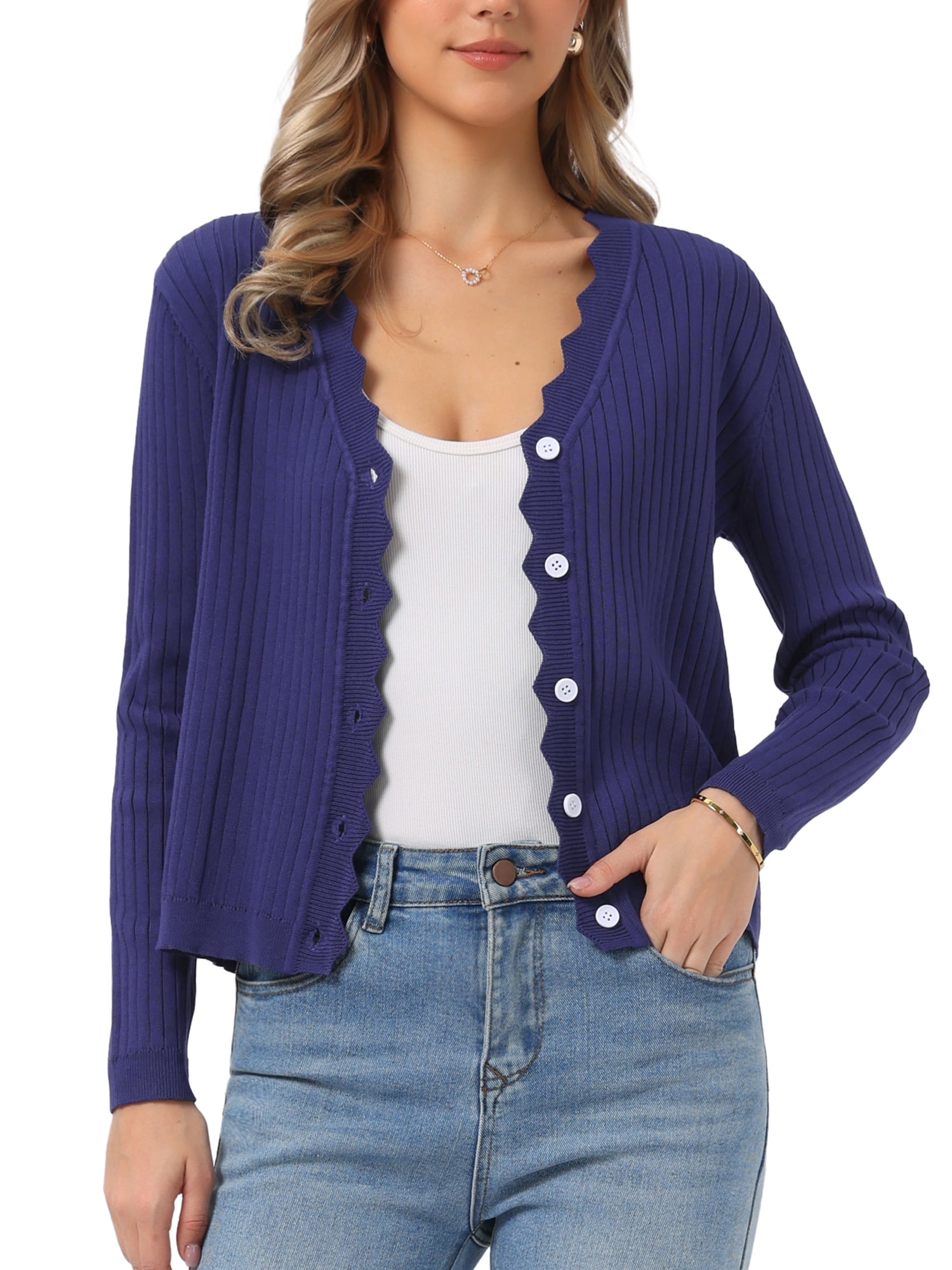 DARING DIVA Women's Open Front Long Sleeve Button Down Knit Cardigan S Dark Blue