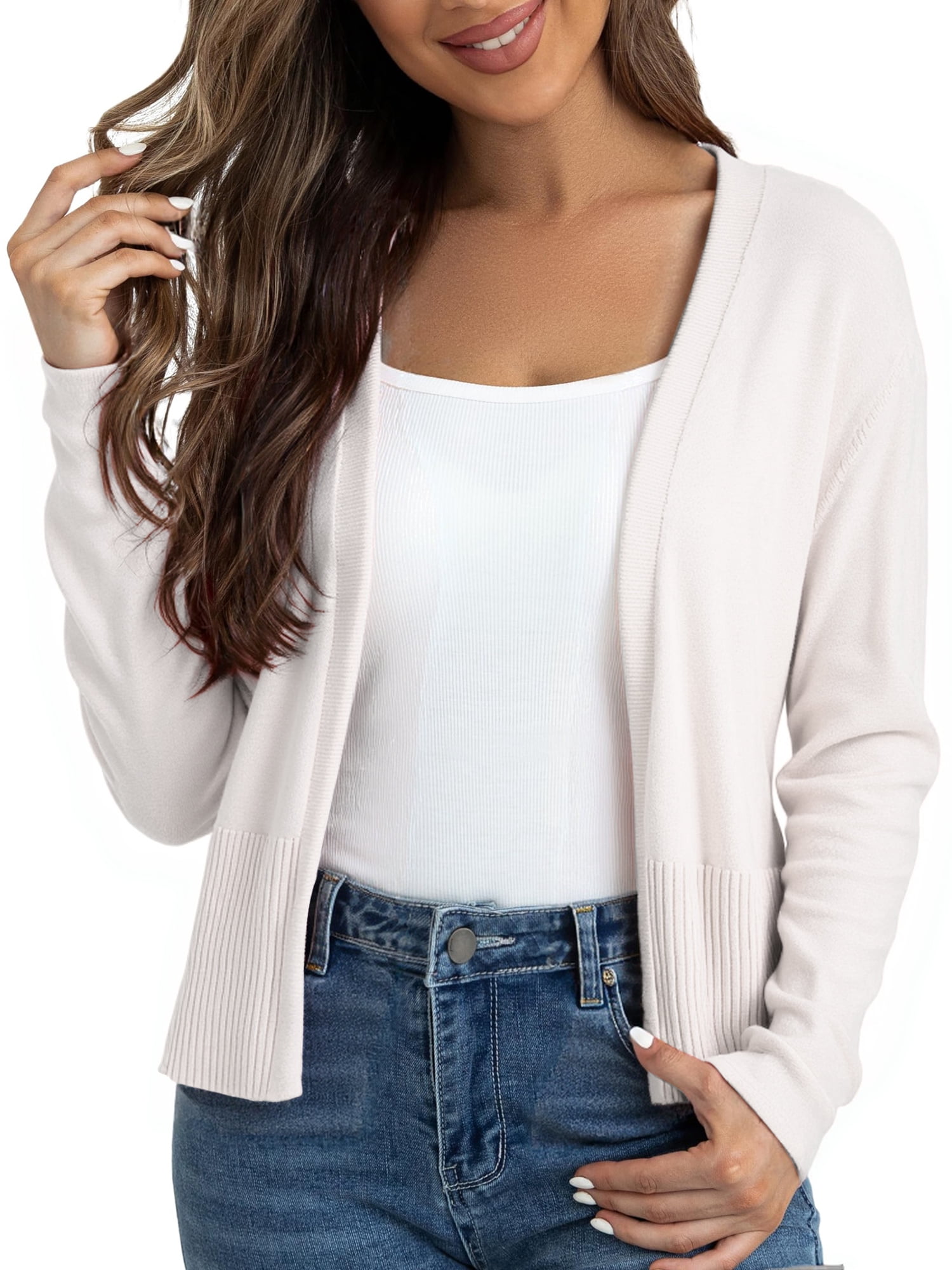 DARING DIVA Women's Open Front Long Sleeve Knit Cropped Cardigan XL White