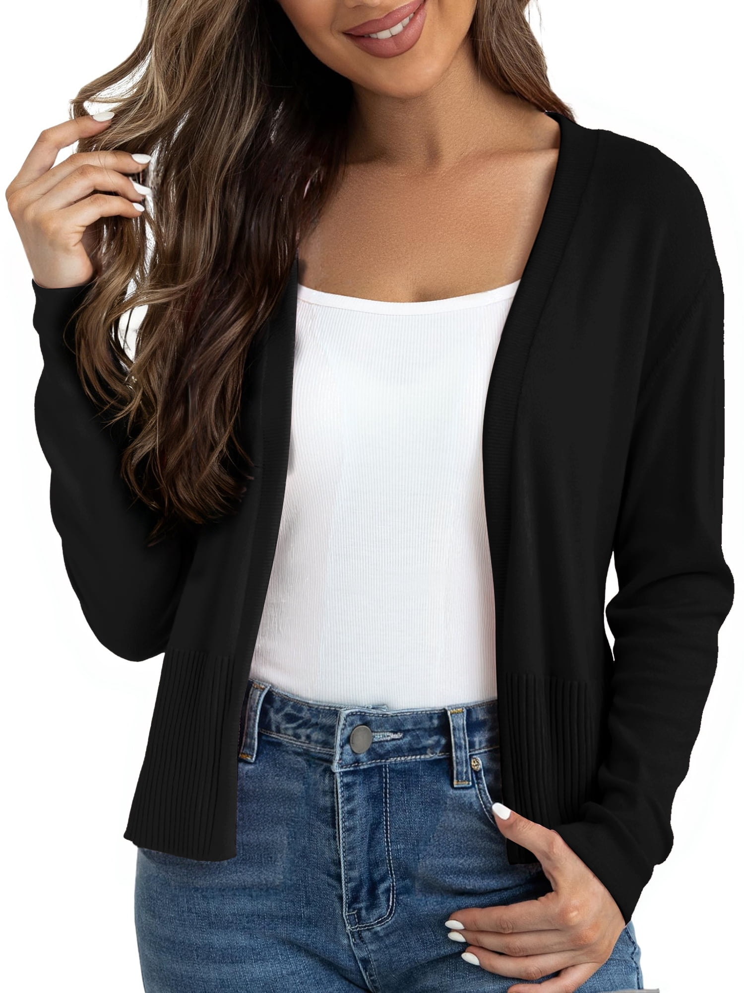DARING DIVA Women's Open Front Long Sleeve Knit Cropped Cardigan XS Black